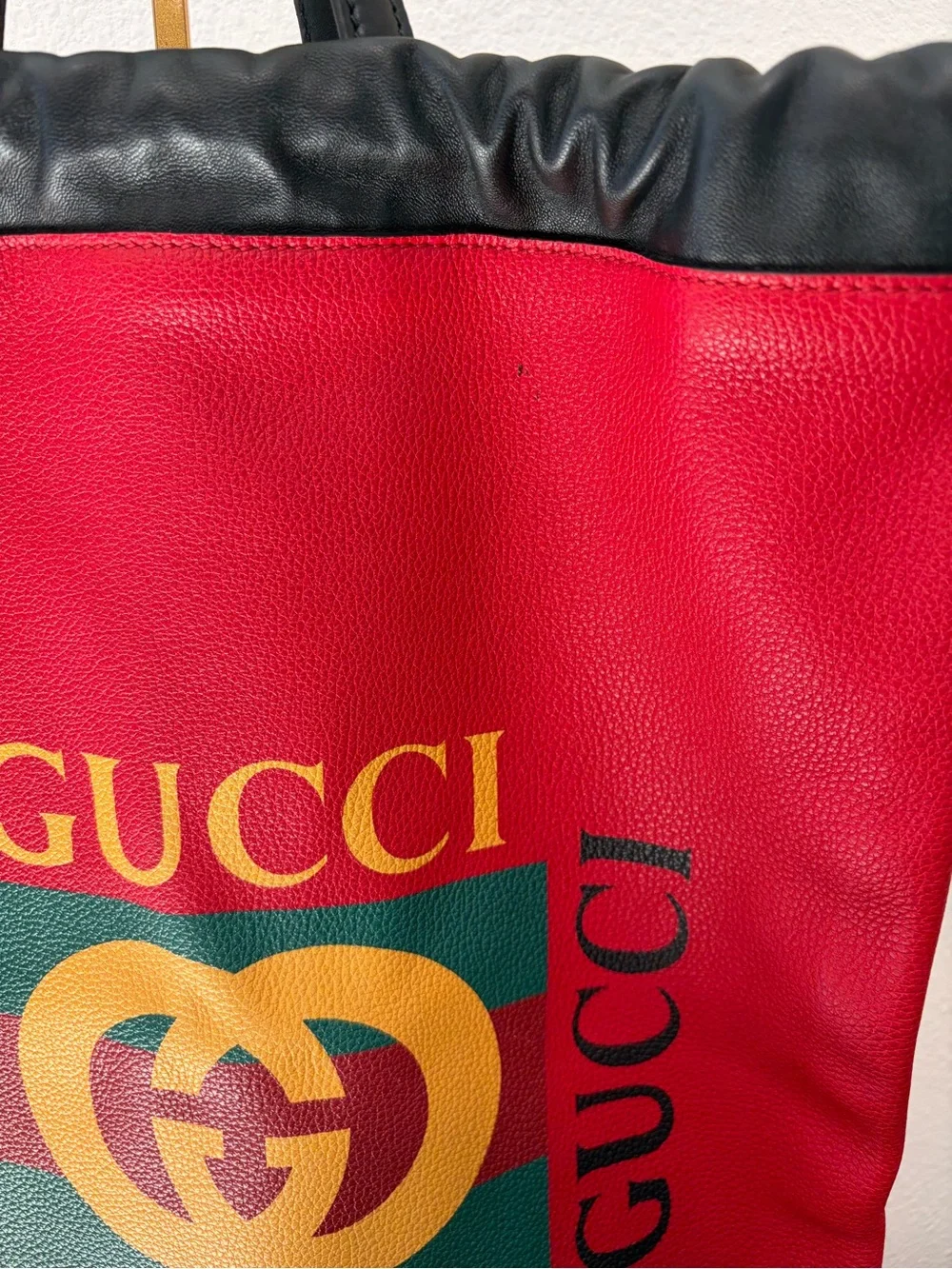 Gucci Red Leather Logo Drawstring Backpack